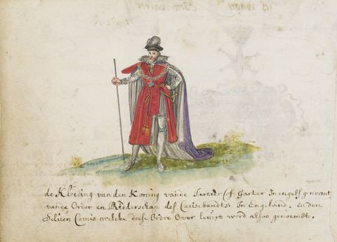 Drawing, A colourful drawing on white paper showing a standing man dressed in a long red tunic, and a silver cape over his back. He wears a fathered black hat, and holds a staff in his right hand. Handwritten text runs along the bottom of the image.