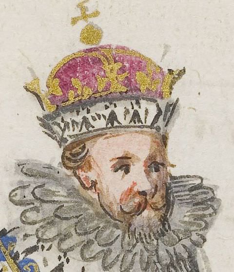 Drawing. A close-up of a drawing showing a king’s head, wearing a large gold crown with an ermine fur trim, and purple fabric lining. He has a ginger, curling moustache and a trimmed beard, and wears a stiff, ruffled collar around his neck.