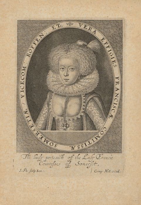 Photograph. An illustration of a young woman’s head and shoulders, contained within an oval frame. She wears old-fashioned clothing including a ruffled collar and has elaborately styled hair. Text in upper case lettering runs around the inner lines of the frame, while a further, short passage of text can be seen below her.