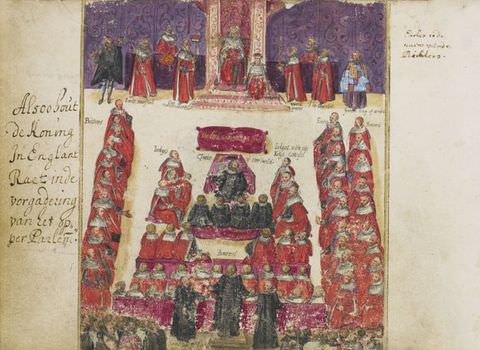 Drawing. A tilted, aerial view over people wearing red and black capes arranged into a gridded design. In the upper image a figure appears to sit on a grand, ornate throne, with people lined up on either side of them.