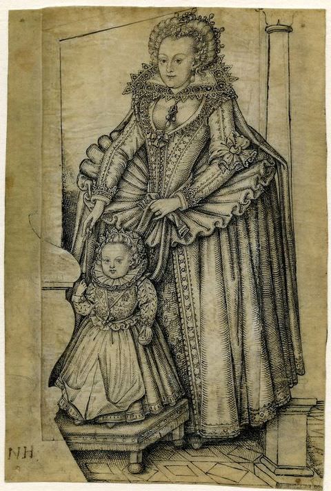 Photograph. An intricate, black and white illustration showing an elaborately dressed woman wearing a corset and a full skirt, stands behind a young child dressed in similar attire, who is elevated on a small platform. Elements of pillars and a decorated floor can be seen in the interior around them.