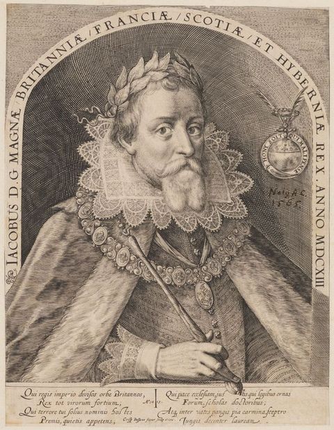 Page of a book. A black and white portrait of a man wearing a fur trimmed cape, a stiff, white lace collar, and a laurel-leaf crown. A frame forms an arch shape over his head, and this frame features a passage of upper-case text. Further text can be seen below the portrait. 