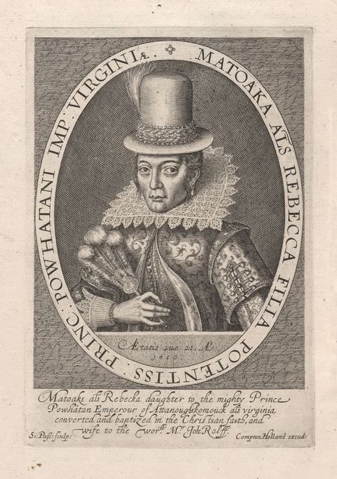 Page of a book. In this book illustration a tall rectangle contains an oval frame, within which is a portrait of a person wearing formal, traditional clothing including an embroidered jacket, a large collar, and a tall, feathered hat. In one hand they hold a feathered fan. Text runs around the inside of the frame, and a further passage of short text runs below the image.