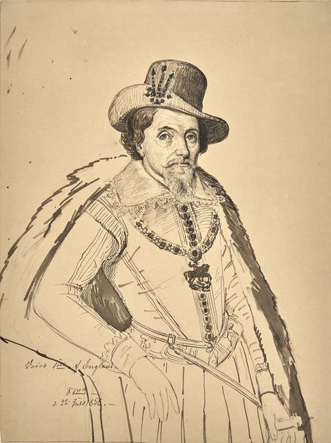 Drawing. A black and white portrait of a man seen from head to upper thigh, leaning slightly back to the left of the image. He is wearing a fitted jacket, a fur-trimmed cape, and a tall hat tipped slightly to the right of the image. His right arm leans on the corner of a table.