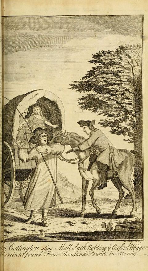 Page of a book. An illustration of an outdoor scene features a man on a horse who faces another person carrying a whip. Behind them we can see a traditional cart with large wheels and a person inside on the left, and the half-view of a tree on the right. A small excerpt of text runs across the lower image.