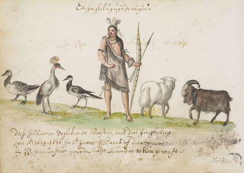 Drawing. A colourful drawing on white paper, with handwritten text running above and below it. The drawing shows a standing figure wearing a simple grey drape over their body and a feathered headdress, while holding a bow and arrow in one hand. To their left are three birds, and to their right, two goats.