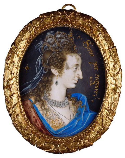 Painting. A miniature, oval portrait painting showing the head and shoulders of a woman with her head turned to the right to reveal a profile view. Her hair is partially tied up in an ornate style with ribbons and jewels and her dress has a vivid blue neckline. The painting has an ornate gold frame with a small loop at the top.