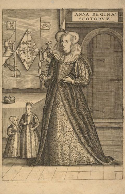 Page of a book. A black and white illustration shows a smartly dressed woman in traditional clothing, wearing a floor-length skirt, corset, and ruffled collar. To her left is a table carrying a small crown. In front of the table are two small children wearing long dresses. To the right of the image a plaque reads, ‘ANNA REGINA SCOTORUM’, while a regal logo featuring a lion and a unicorn is illustrated on the left.