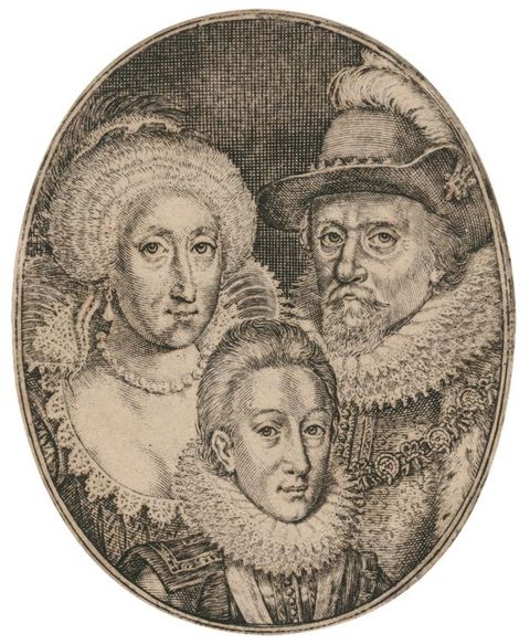 Black and white photograph. A document of a black and white etching showing three people’s heads arranged into a circular frame – a woman, man, and child, appearing as a family group. Each is dressed in historical clothing, with detailed lace ruffs and collars, and richly embroidered clothing. The man wears a hat with a plumed feather.