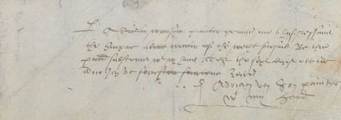 Digital facsimile. A handwritten note in brown pen on white paper in a cursive style. The passage of text is set slightly to the right side of the paper and is four lines long. The end of the text seems to be marked with a signature.