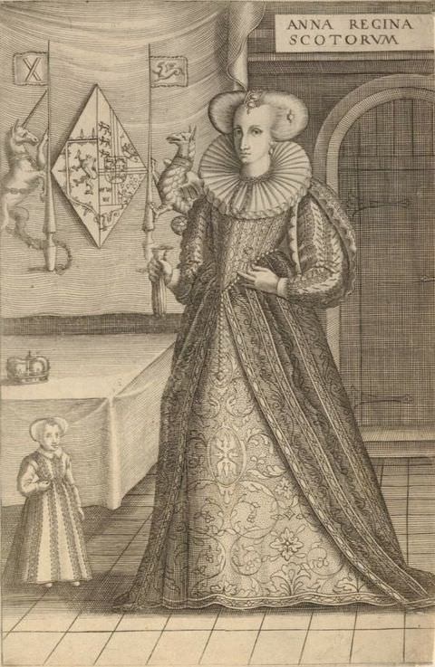 Page of a book. A black and white illustration shows a smartly dressed woman in traditional clothing, wearing a floor-length skirt, corset, and ruffled collar. To her left is a table carrying a small crown. In front of the table is a small child wearing a long dress. To the right of the image a plaque reads, ‘ANNA REGINA SCOTORUM’, while a regal logo featuring a lion and a unicorn is illustrated on the left. 