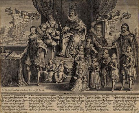 Page of a book. In this detailed book illustration, we see a crowded group of people including adults and children. In the centre of the image is a man on a raised platform or throne wearing a crown. Cherubs on either side of him carry scrolls bearing text. A long passage of text runs along the bottom of the image. 