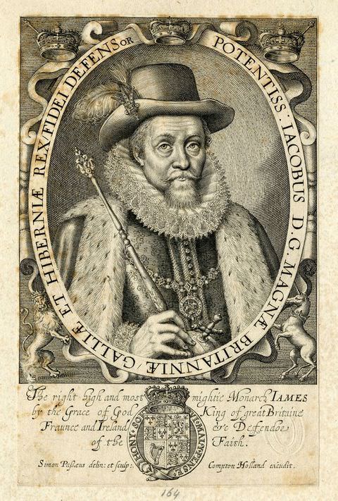 Page of a book. A black and white illustration showing a head to shoulder portrait of a man wearing elaborate, fur-trimmed clothing, a stiff white collar and a tall hat. He is contained within an oval frame, which is covered with a passage of text running around it. He holds a golden staff in one hand, leaning over his shoulder. Around the oval are a lion, a unicorn, and two crowns, while a passage of text and a royal stamp feature below. 
