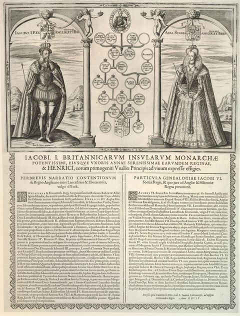 Page of a book. In the upper page a man and a woman stand on either side of the page, each dressed in formal, royal clothing, and between them is a flat area flanked by two pillars, which contains a drawing resembling a family tree. A longer passage of types text runs below them.