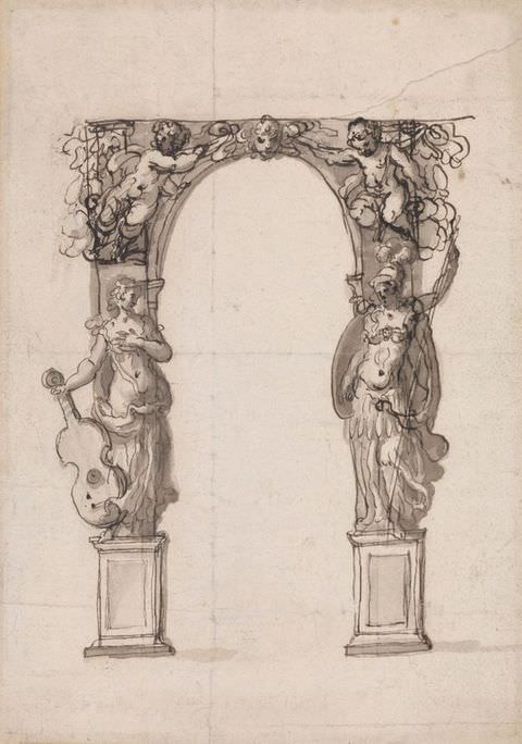 Drawing. A black and white pencil drawing on white paper showing part of a stone archway. Each side of the arch is intricately decorated a partially dressed figure, and above them two angels reach towards one another across the archway.