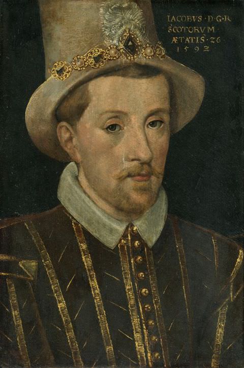 Painting. An intimate portrait of a young man, seen from head to shoulder, facing us with a serious expression, against a black backdrop. He wears a jacket with golden stripes, and a tall, richly decorated hat bedecked with jewels and a feather. To the right of the image a passage of text bears the date, ‘1593’.