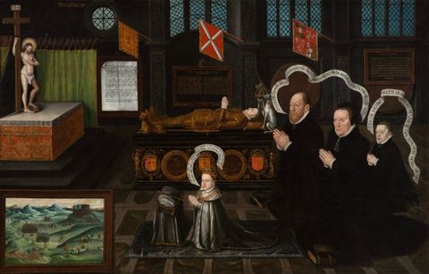 Painting. A dark interior space resembling a church, with three windows partially visible in the distance. On the left, an altarpiece features a statue of Christ holding a cross. In the centre is a reclining statue laid out on a raised bed. In the front centre, is a kneeling child wearing a crown with praying hands, seen from side on, who is accompanied by three further kneeling figures.