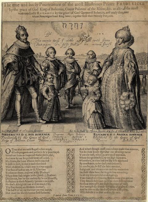 Print. This black and white book page is dominated by an illustration showing two standing royal figures wearing crowns and rich clothing, and between them a cluster of children dressed in similar, regal costume. Below and above them are passages of text.