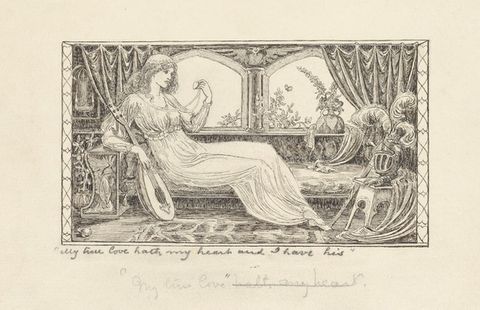 Drawing. A young woman reclines across a low chaise-longue in an interior space. A lute rests in the crook of her right arm, while a plumed helmet rests on a small table to the right. Two arched windows behind her reveal tree branches outside. A passage of handwritten text runs along the lower page.