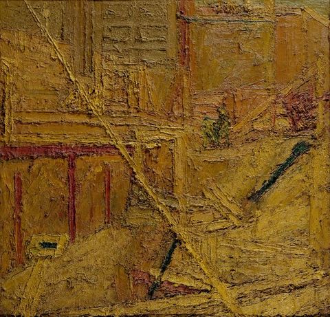 Painting. A square format, expressive painting made from thick layers of paint in shades of mustard yellow, dark crimson, and black.