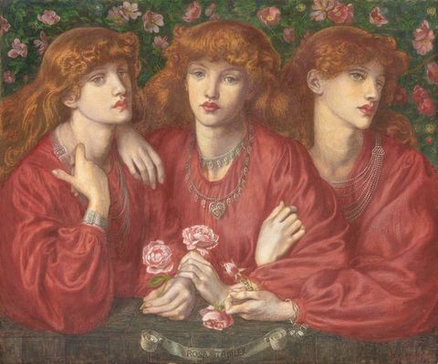 Watercolour. A trio of nearly identical women with ginger hair face towards us, seen head to waist wearing dark pink dresses that match the colour of their lips. Each one holds a blooming rose in one hand, and a hedge of flowers is just visible behind them.