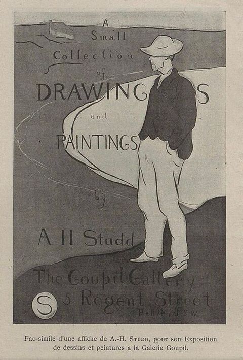 Black and white photograph. An exhibition poster featuring a linear, full-length drawing of a young man from a side-on view, wearing a dark, loose shirt, a pale hat and trousers. Loose, contoured lines behind him suggest a golf course. A small building can be made out just below the high horizon in the distance. Hand-drawn text reads, 'A Small Collection of Drawings and Paintings by A H Studd'.