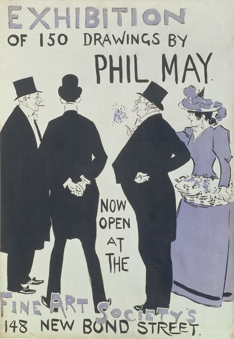 Colour photograph. Exhibition poster featuring three men from a side view and one from behind wearing top hats and tailcoats. To their right a woman is dressed in a long, corsetted purple dress and a feathered hat. Title text reads, 'EXHIBITION OF 150 DRAWINGS BY PHIL MAY'.