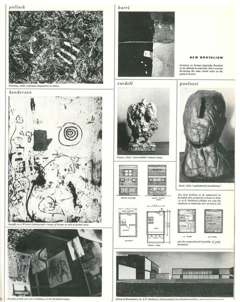 Black and white photograph. A magazine or book page features a series of photographs showing abstract and expressive works of art, along with architectural imagery, and several small passages of typed text.