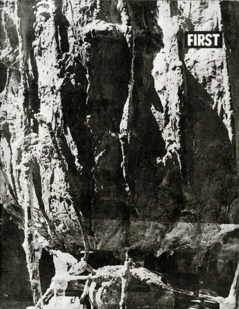 Black and white photograph.  Documentation of a richly textured surface resembling the surface of a rock. The word 'FIRST', has been cut out and pasted onto the upper right.