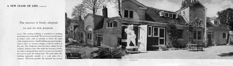 Black and white photograph. A magazine or book excerpt showing black and white photographs of a building, accompanied by text on the left side reading, 'A NEW LEASE OF LIFE, continued'.