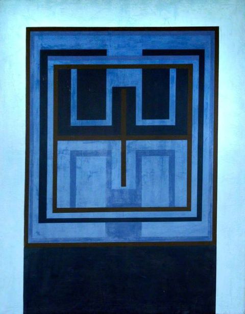 Painting. An abstract painting composed from a series of geometric panels in varying shades and densities of of blue and black paint, arranged in an upright format.