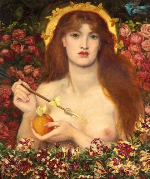 Painting. A colourful depiction of a young woman facing towards us with long, dark ginger hair, seen from head to chest. She appears to be nude, but her body is partially concealed by the blooming flowers that surround her. A golden halo surrounds her head, adorned with butterflies, while she carries a piece of fruit in one hand and a spear in the other.