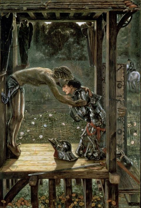 Painting. A man clad in armour with helmet beside him is seen side-on, kneeling within a small wooden gazebo-like structure. A Christ-like figure dressed in a loin cloth leans forward to embrace him, but their feet are nailed to a cross, keeping their legs in an upright position. The building around them is raised from the ground on tall stilts, with steps to the right, and green scenery beyond features a man seen from behind on a white horse.