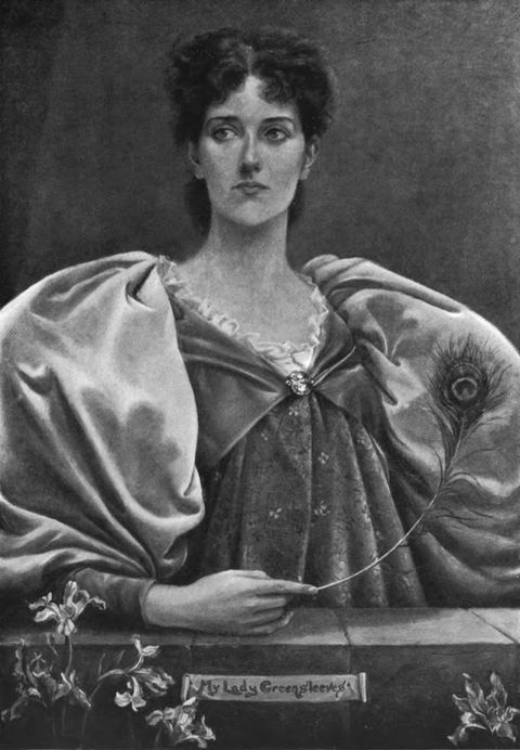Black and white photograph. A digital reproduction of a painting featuring a young woman with dark, pulled back hair who faces towards us, wearing voluminous, old-fashioned clothing. She rests her right arm on a stone wall just visible in front, and in this hand holds a long peacock feather that curls up towards the image's right.