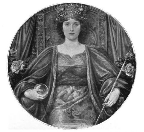 Black and white photograph. A digital reproduction of a circular painting featuring a young woman wearing a crown and seated on a throne, seen from head to waist facing towards us. She carries a glass orb in one hand and a staff in the other.