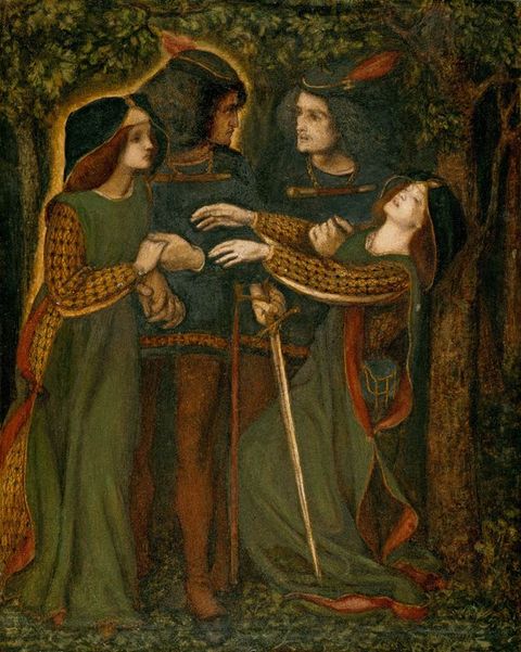 Watercolour. Four people stand upright within a shadowy forest scene. Two men in the centre wear dark blue and brown clothing, while two women on either side wear long green sleeveless tunics over intricately embroidered gold dresses.