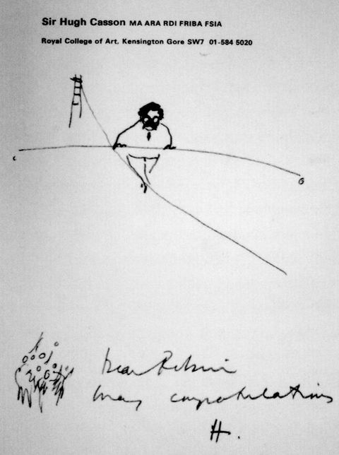 Black and white photograph. A loose ink drawing shows a man balancing on a tightrope. A printed title above him reads: 'Sir Hugh Casson', while below is a passage of handwritten text.