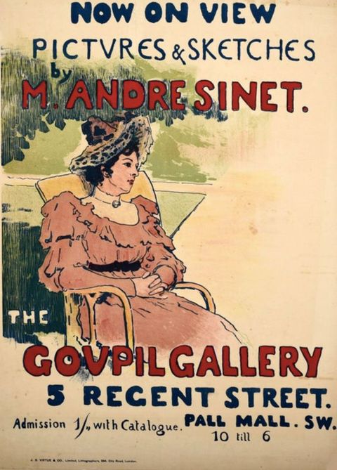 Colour photograph. An exhibition poster featuring a painting of a woman seated in a high-backed chair, wearing a long, ruffled pink dress and a wide-brimmed hat, with a suggestion of trees and grass behind her. Hand-drawn title text in blue and red reads, 'Now on View, Pictures and Sketches by M. André Sinet '.
