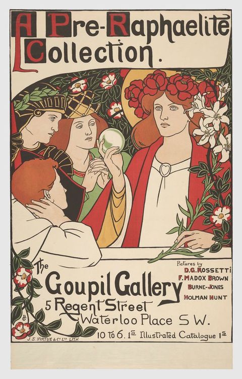 Colour photograph. Exhibition poster with a central illustration featuring a woman wearing a large floral crown and draped clothing, while carrying a circular orb in one hand. Three figures are seen in partial view on the right. Text above reads, 'A Pre-Raphaelite Collection'.