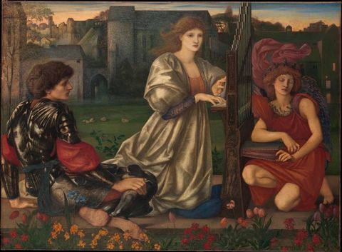 Painting. A kneeling woman dressed in a long, silver gown plays a small organ. She is flanked by two people: on the left; a young man partially dressed in armour, with his back turning towards us, and on the right, an angel with purple wings dressed in red. In the background a pastoral scene featuring a castle unfolds.