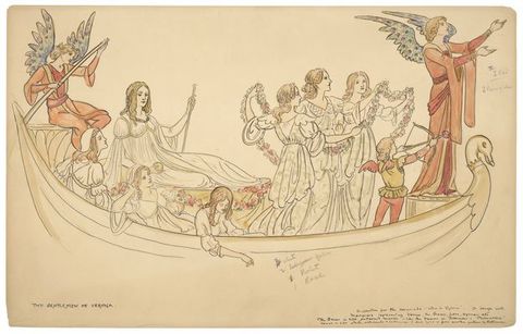 Watercolour. A long slender boat with a bird's head at the helm, is filled with a group of people wearing long, ornate and draped clothing. An angel dressed in red stands at the helm with arms outstretched, accompanied by a winged cupid, while another angels sits at the back, holding a long oar.
