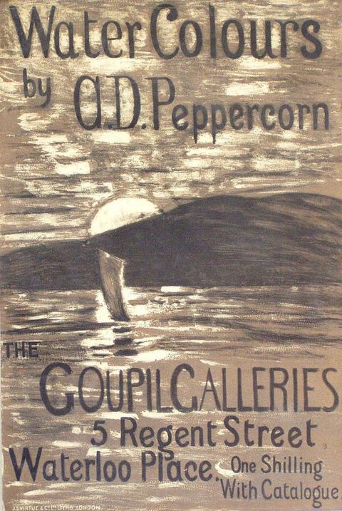 Black and white photograph. An exhibition poster featuring an expressive drawing of a landscape. Dark, mountainous forms spread across the horizon, while a white sun emerges from behind it. The sky and water are rendered in expressive, painterly marks. Text in the upper image reads, 'Watercolours by A. D. Peppercorn'.