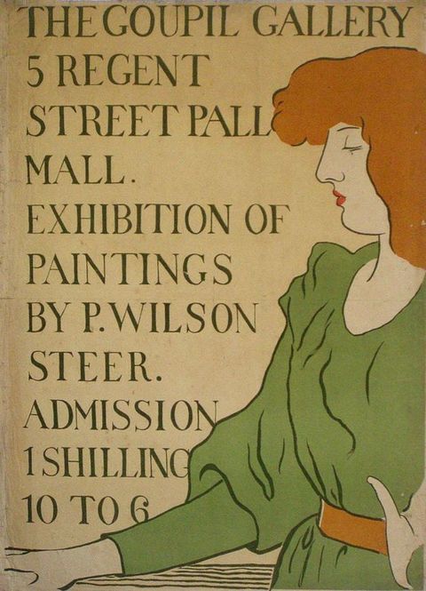 Colour photograph. An exhibition poster featuring a woman with orange hair wearing a green dress from a side on view, whose profile fill the right side. Large, capitalised text on the left reads: 'THE GOUPIL GALLERY 5 REGENT STREET PALL MALL. EXHIBITION OF PAINTINGS BY P. WILSON STEER'.