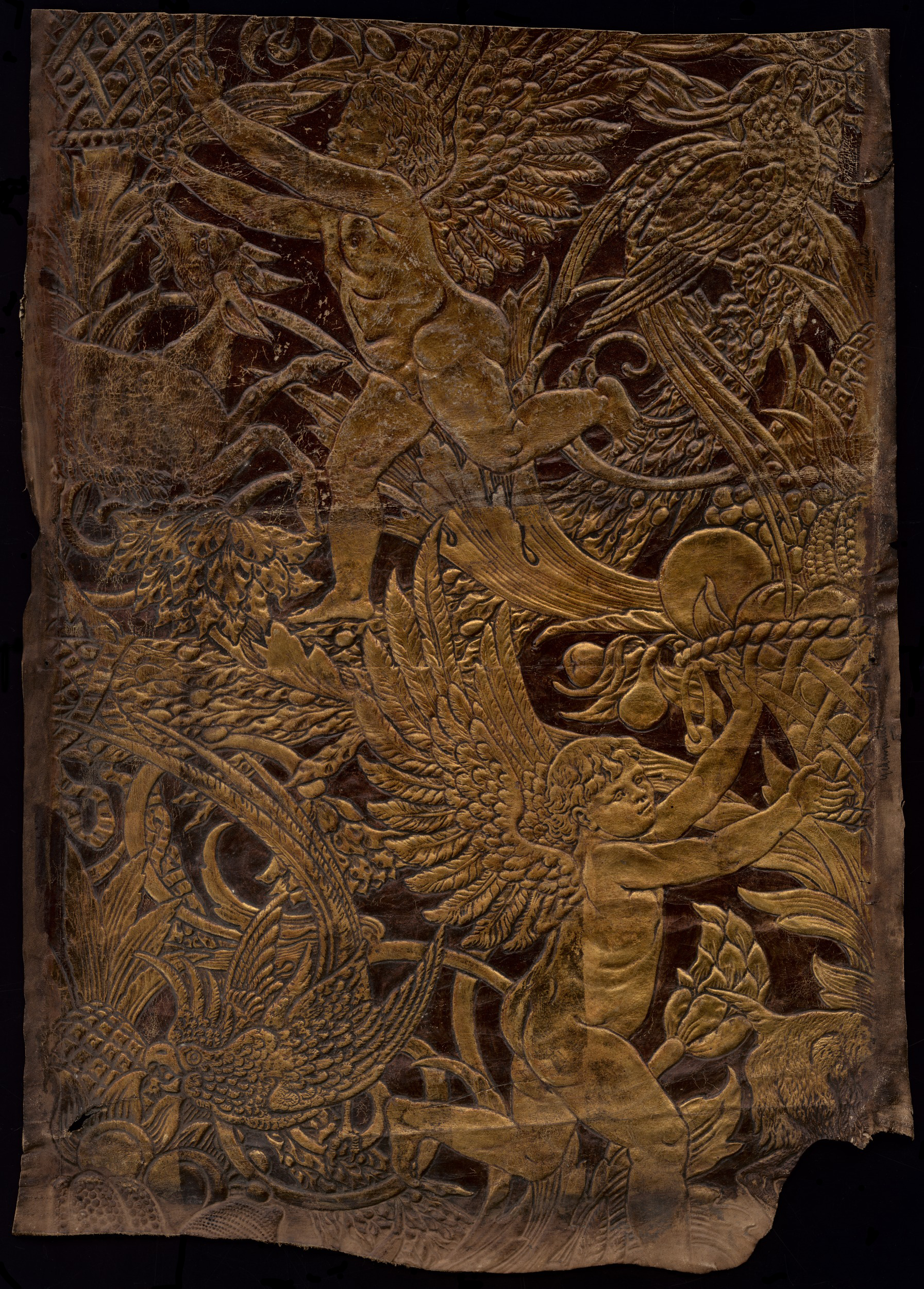 embossed leather with brown-and-gold lacquer, painted by Crane, 79.4 x 59.1 cm. Victoria and Albert Museum, London