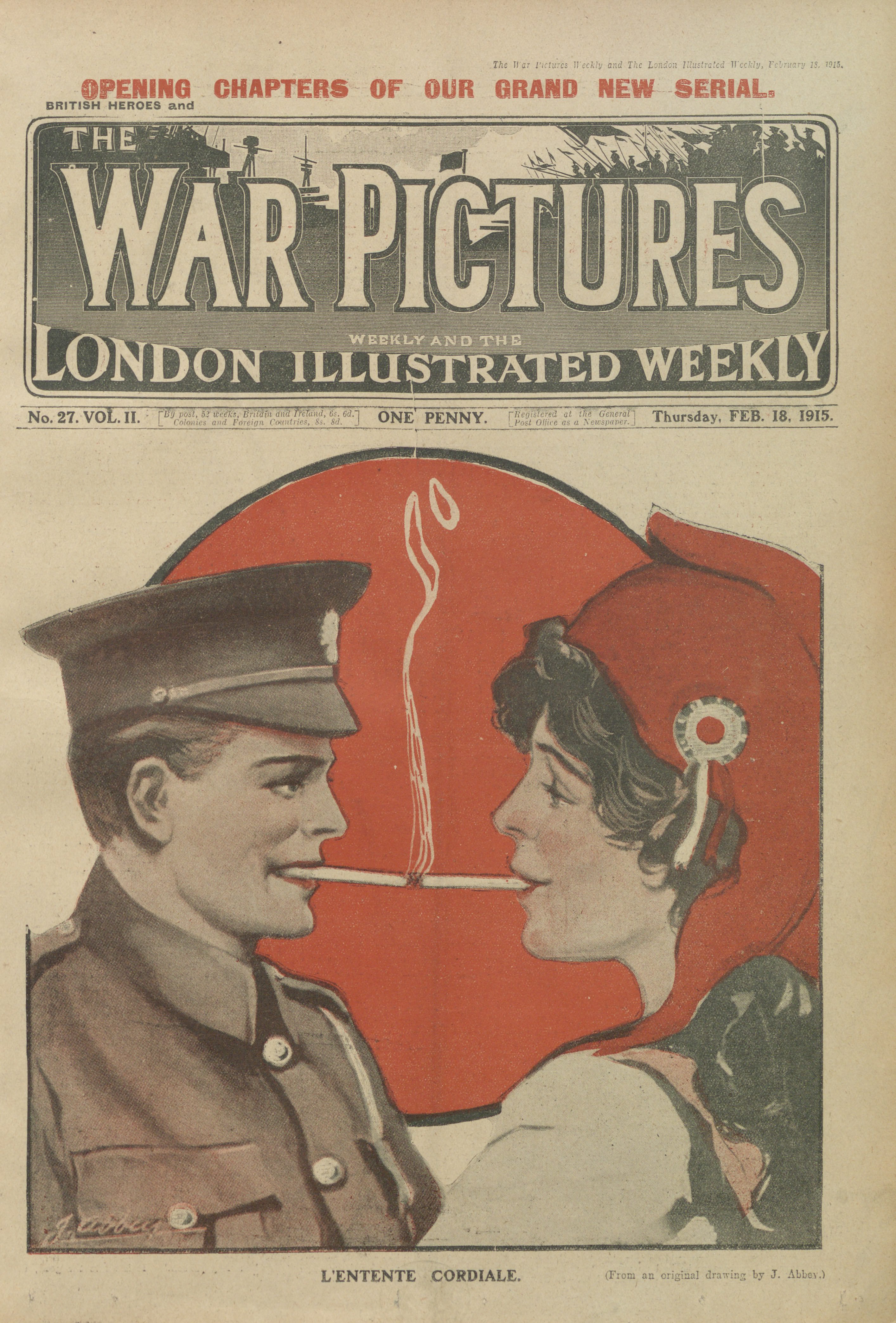 cover design (from an original drawing by J. Abbey) for <i>The War Pictures Weekly</i> and <i>The London Illustrated Weekly</i>, no. 27, Vol. II, 18 February 1915. Collection of The British Library.