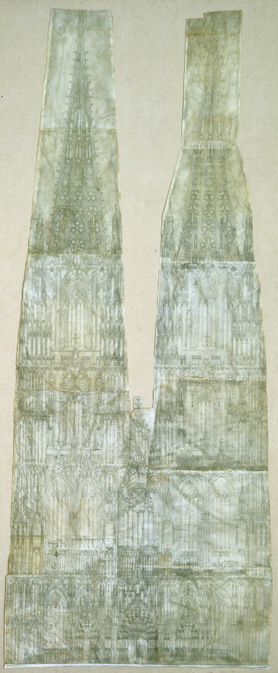 mid-13th century. Sulpiz Boisserée’s reassembly of the plans for Cologne Cathedral’s west front (1814), in <i>The Geometry of Creation: Architectural Drawing and the Dynamics of Gothic Design</i> by Robert Bork (London and New York, 2011).