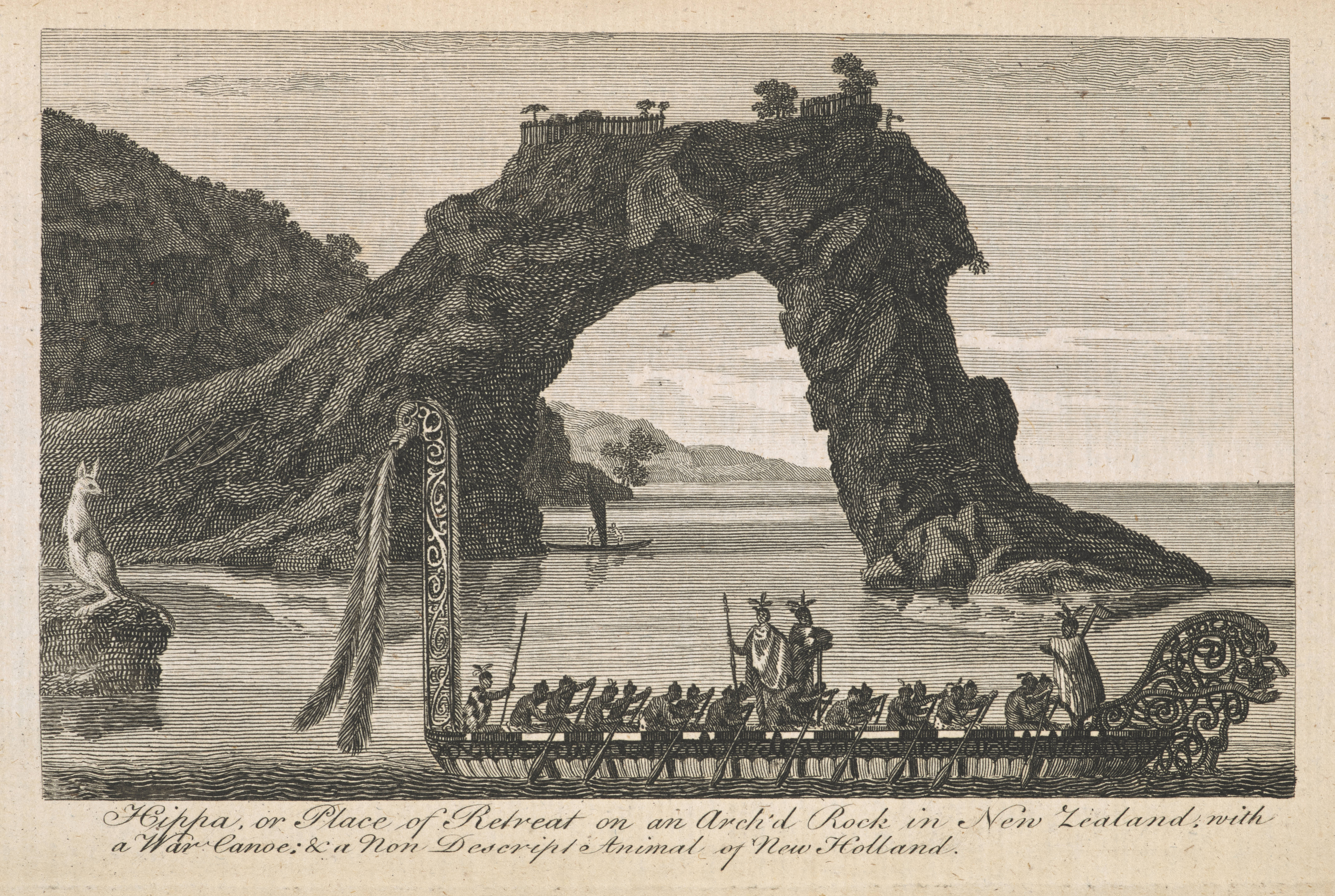 <i>with a War Canoe under a natural-arched Rock</i> from <i>The London Magazine</i>, 42, August 1773, facing p. 369, engraving, 9.5 x 15.4 cm. Collection The British Library (P.P. 5437).