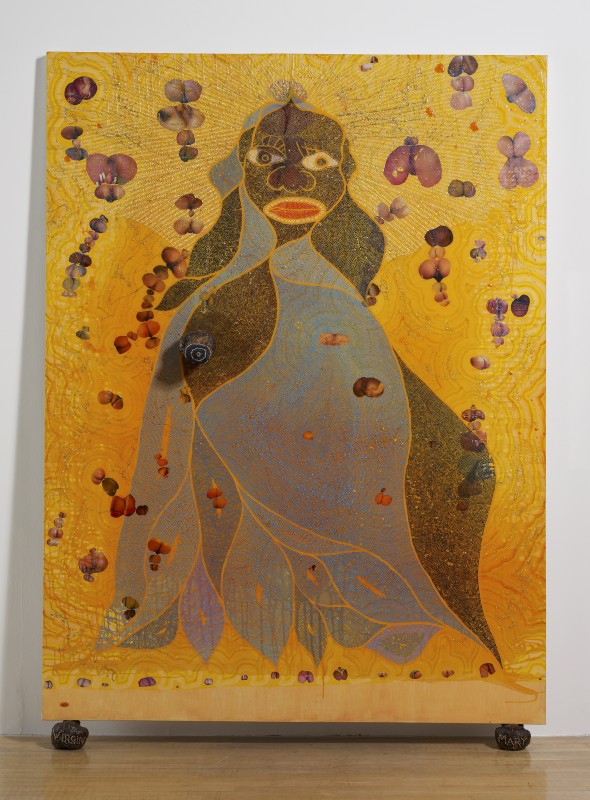 1996, acrylic, oil, polyester resin, paper collage, glitter, map pins, and elephant dung on linen, 243.8 × 182.8 cm
