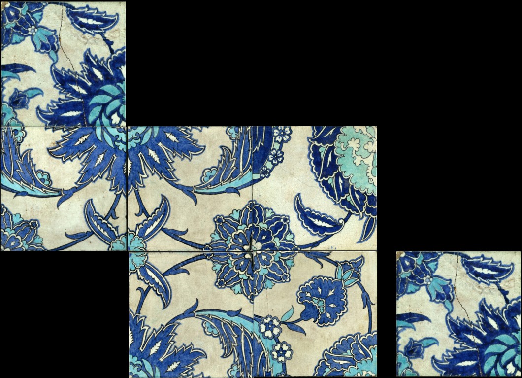 a design copied by William De Morgan from the İznik tile pair on the East Wall of the Arab Hall, Sands End Pottery, Fulham, 1888–1897, glazed earthenware, each tile 15.2 cm. Collection of the De Morgan Foundation (WDM_TO353 to WDM_TO358).