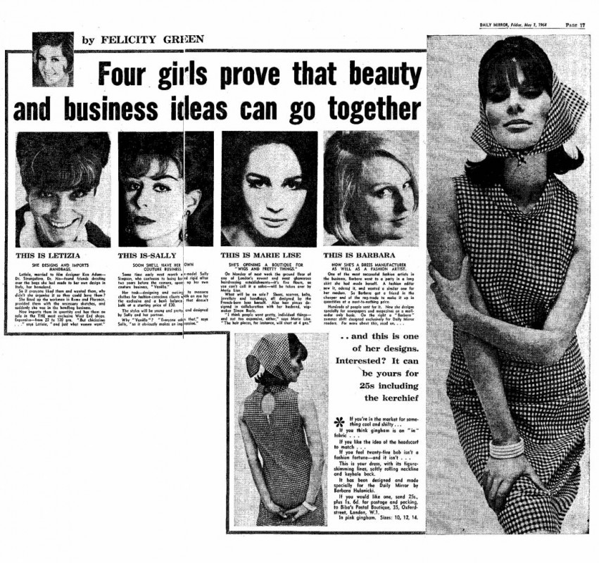 from <i>Four girls prove that beauty and business ideas can go together</i> by Felicity Green, <i>The Daily Mirror</i>, 1 May 1964.